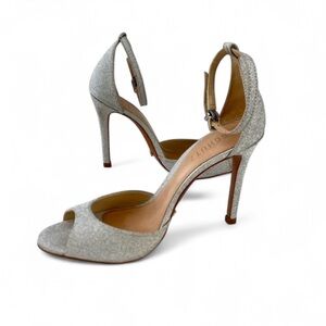 NWOT SCHUTZ SAASHA LEE SILVER GLITTER SPARKLE OPEN TOE ANKLE STRAP HEELS SIZE 7